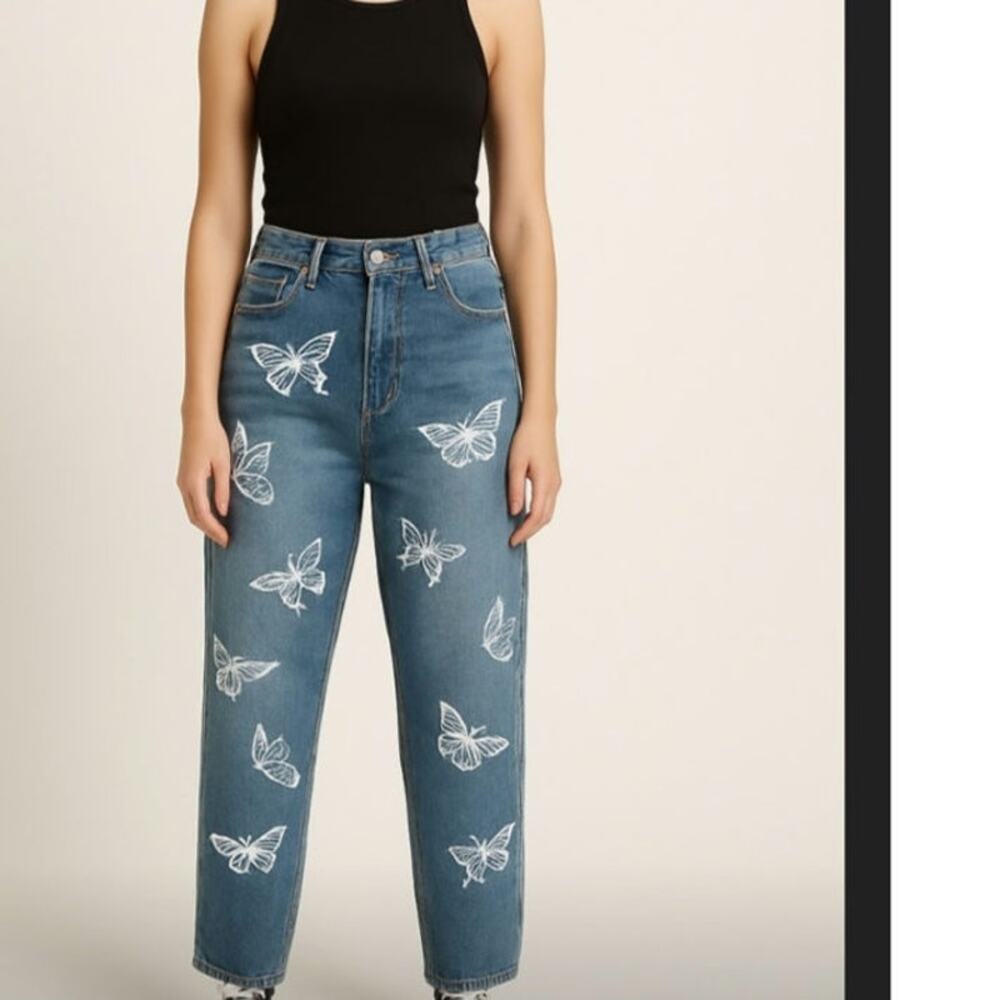 Revice Blue High Rise Button Fly Mom Jeans Butterfly Whimsy Fairy Print Size 25